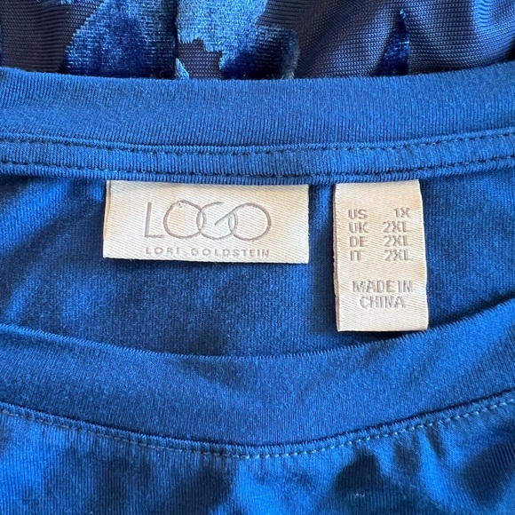 LOGO Lori Goldstein Royal Blue Top with Raised Velvety Floral Overlay at Back - Picture 2 of 15